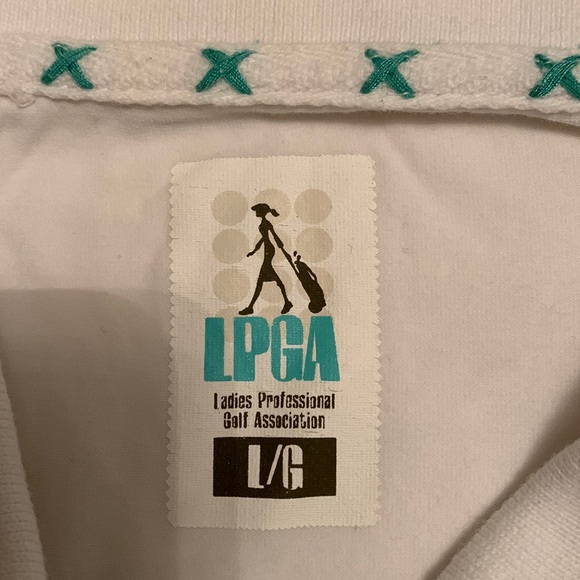 LPGA - ladies white golf tee with cap sleeves, 6 snap button collar - Picture 3 of 5